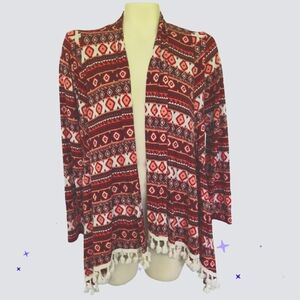 LA ROPAS Flowy Tassled Aztec Native Design Long Sleeve Kimono Red Cream Medium